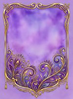 Ornate golden frame with elaborate scrollwork and flourishes on lavender watercolor background, isolated on transparent space for greeting cards, invitations, posters, and design projects.