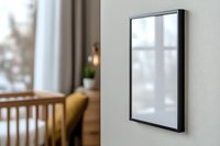 Minimalist black frame mockup on white wall in cozy home interior with window reflection, wooden furniture and yellow accent chair in background.
