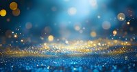 Magical glowing gold and blue glitter background with bokeh lights and sparkles creating dreamy festive atmosphere for holiday designs and celebrations.