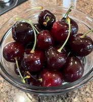 Fresh ripe dark red cherries with stems in glass bowl on granite counter, close up view showing juicy texture and natural sheen of summer fruit.
