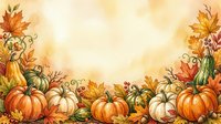 Autumn harvest border with colorful pumpkins, gourds and fall leaves on warm background for seasonal decorations and thanksgiving designs.