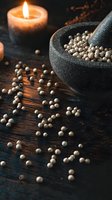 Stone mortar with white peppercorns on rustic wooden surface, scattered spices and glowing candle creating atmospheric culinary scene.