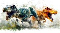Fierce dinosaur battle between T-Rex predators in dynamic watercolor style, showing aggressive poses and open jaws against abstract background with dramatic smoke effects.