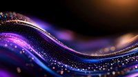 Abstract flowing wave with glittering particles in purple and blue gradient colors on dark background for modern digital design projects.