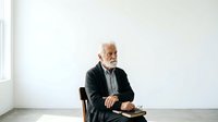 Senior man with white beard and gray hair, Caucasian ethnicity, wearing dark blazer and light shirt, sitting on chair holding book in minimalist interior space for business, education, or lifestyle concepts.