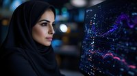 Middle Eastern woman in hijab analyzing colorful data visualization on computer screen in modern tech environment for business analytics and research.