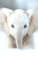 Close-up portrait of white baby elephant with large expressive eyes and flared ears against soft blurred background, artistic nature photography for nursery decor.