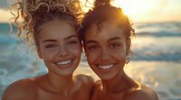 Two diverse young women with natural curly hair smiling at sunset on beach, golden hour portrait capturing genuine friendship, joy and beauty for lifestyle advertising.