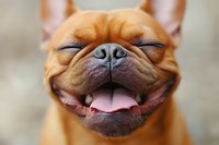 Close up portrait of smiling French Bulldog with happy expression, closed eyes and tongue out. Fawn colored dog showing joyful, funny face against blurred background.