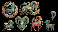 Ornate decorative goats and rams with floral patterns, isolated on transparent background. Ready for clipart, t-shirt design, stickers, print-on-demand products, and sublimation projects.