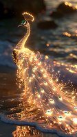 Magical glowing peacock with luminous feathers standing in water at dusk, creating a dreamlike scene with sparkling reflections.
