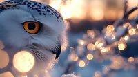 Snowy owl with striking golden eye gazes directly at camera against warm bokeh lights and blurred winter background, suitable for wildlife and nature projects.