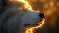 White wolf profile at golden sunset with rim lighting highlighting fur detail and amber eyes, creating dramatic silhouette against warm bokeh background.