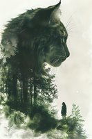 Double exposure artistic composition combining cat silhouette with misty forest landscape and lone female figure, creating mysterious atmospheric scene in green tones.