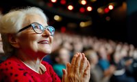 Joyful senior woman with glasses and white hair in red sweater applauding at theater performance, blurred audience in background.