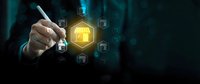 Businessman hand touching digital security lock icon with network connections for cybersecurity and data protection technology concept.