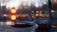 Oriental ceramic bowl with traditional blue pattern on table against blurred evening cityscape with warm bokeh lights and lantern creating cozy atmospheric mood.