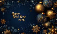 Festive dark blue background with golden 2026 New Year greeting text, luxurious ornate baubles, snowflakes and pine branches creating elegant holiday atmosphere.
