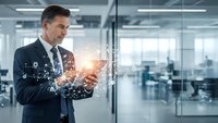 Professional businessman using digital tablet with network connections in modern office environment for technology and business solutions.