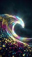 Glowing particle wave with neon yellow, magenta, and cyan colors flowing against dark background, suitable for tech, music, and digital design projects.