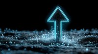 Glowing blue neon arrow points upward amid digital particles on dark background, representing growth, technology advancement and future direction.