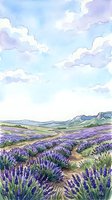 Watercolor lavender field landscape with rolling hills, purple wildflowers, and soft pastel sky with clouds. Suitable for wall art, home decor, and nature-themed designs.