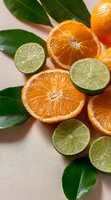 Fresh sliced oranges and limes with green leaves arranged on beige background, close up view. Natural citrus fruit composition for healthy eating concept.