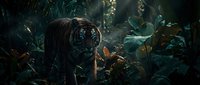 Majestic tiger prowling through dense tropical jungle foliage with dramatic lighting filtering through canopy creating mysterious atmosphere for wildlife photography.