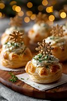 Festive puff pastry appetizers with cream cheese filling and golden snowflake decorations on wooden board, holiday party food with bokeh lights background.