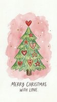 Festive evergreen tree decorated with red hearts and stars on soft pink watercolor background, featuring heart topper. Holiday greeting card design.
