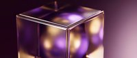 Translucent cube with glowing purple and golden light effects inside, isolated on dark background for design projects.