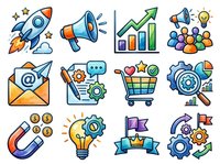Startup business growth strategy icons with rocket, megaphone, charts, team, email, shopping cart, and gears isolated on white background for web design and marketing materials.