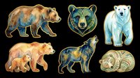 Watercolor wildlife sticker set with bears and wolf, isolated on transparent background. Ready for t-shirt design, clipart, print on demand, stickers, and sublimation.