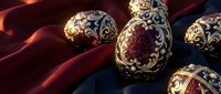 Ornate golden eggs with intricate floral patterns and burgundy accents on luxurious silk fabric for Easter celebration and spring holiday decoration.