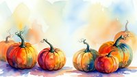 Watercolor autumn pumpkins in warm orange and red tones with soft shadows, seasonal harvest composition for fall decorating and thanksgiving designs.