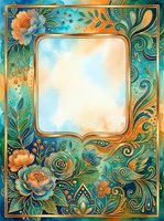 Watercolor floral frame with gold border, teal and orange tones, ornate swirls and roses, blank center for text or photo design.