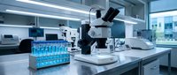Modern laboratory interior with microscope and test tubes for scientific research and medical analysis in sterile clinical environment.