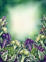 Watercolor illustration of purple and cream cauliflower with leafy green stems arranged as decorative border frame on gradient background, isolated design for culinary, organic, and vegetable-themed projects.