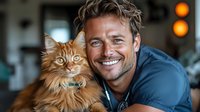 Young Caucasian man with bright smile holding ginger Maine Coon cat. Close up portrait of happy pet owner and fluffy feline companion showing bond and friendship.