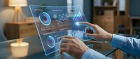 Professional businessman analyzing financial data on transparent holographic display with interactive charts and graphs in modern office environment.