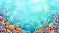 Vibrant underwater coral reef scene in watercolor style with tropical fish, starfish, and colorful corals on a turquoise ocean background.