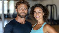 Athletic couple smiling at camera in modern fitness center. Muscular bearded man and mixed race woman in sportswear during workout session at gym.