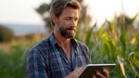 Bearded Caucasian farmer in plaid shirt using digital tablet while standing in corn field during golden sunset hour, monitoring crop growth and agricultural data.