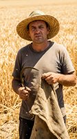 Middle-aged Caucasian farmer in straw hat holding burlap sack in golden wheat field during harvest season. Agricultural worker portrait for farming concepts.