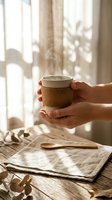 Hands holding steaming hot coffee cup in cozy morning sunlight by window with warm natural lighting creating peaceful breakfast moment atmosphere.