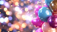 Festive holiday ornaments in vibrant blue, pink, and purple colors against blurred bokeh lights background create magical seasonal atmosphere.