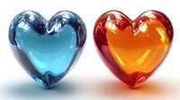 Two glossy glass hearts in blue and orange colors with reflective surfaces and transparent material on white background for romantic design projects.