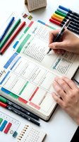 Female hands writing in colorful bullet journal planner with markers and stationery supplies for organization and productivity planning.