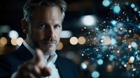 Mature businessman with gray beard pointing forward surrounded by glowing digital particles and bokeh lights representing technology innovation and future.
