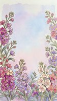 Watercolor floral border with pink, purple, and cream wildflowers on a soft pastel gradient background, perfect for cards and prints.